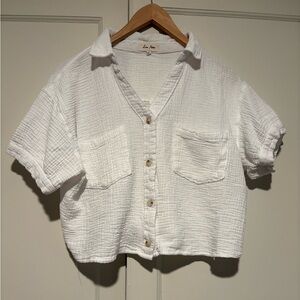 Love Notes White Cropped Gauze Short Sleeve Button Up Shirt